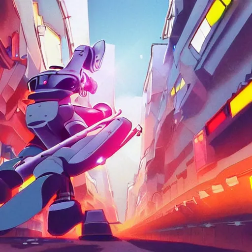 Image similar to A cell animation of a robot shredding a rock guitar solo in a futuristic city street, macross, gundam, ghibli style, illustration, detailed guitar, anime, trending on artstaion