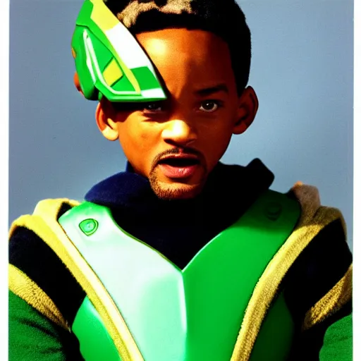 Prompt: will smith is the green power ranger, holding helmet, crying, brave hero, vaseline lens, 1 9 9 0 s photo, aperture, light film grain