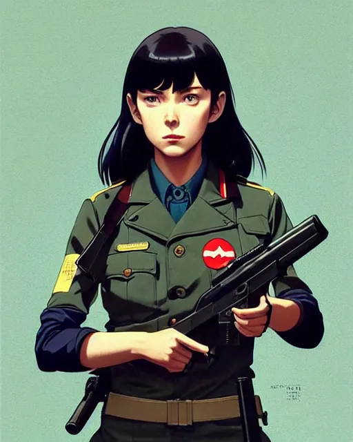 Image similar to girl wearing uniform, holding gun | | audrey plaza, fine detail!! anime!! realistic shaded lighting!! dramatic!! poster by ilya kuvshinov katsuhiro otomo ghost - in - the - shell, magali villeneuve, artgerm, jeremy lipkin and michael garmash and rob rey