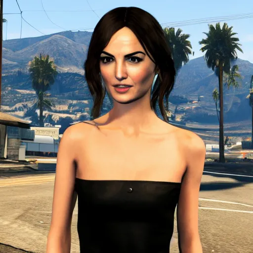 Prompt: Camilla Belle wearing a black dress in GTA 5.