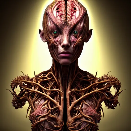 Image similar to a high quality photo of a young beautiful female queen-roots-dragon-cyborg bust with a very long neck and Mandelbrot fractal face, Mandelbrot fractal skin, flesh, anatomical, facial muscles, veins, arteries, elegant, highly detailed, flesh highly baroque ornate, hair are wired cables, elegant, high fashion, rim light, octane render, in the style of Flora Borsi, Realistic, Refined, Digital Art, Highly Detailed, Cinematic Lighting, dramatic colors scheme, photo-realistic, 8K