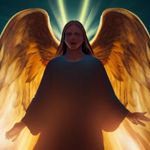 Prompt: photograph of a horrific, bright, shining holy angel descending upon mankind