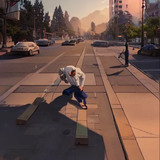 Prompt: a man swinging a 2 x 4 in the middle of the street in california by makoto shinkai, stanley artgerm lau, wlop, rossdraws