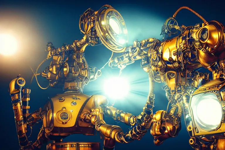 Prompt: portrait photo of a giant huge golden and blue metal steampunk robot, robot handles a fog machine, fog coming out of the machine, with gears and tubes, eyes are glowing red lightbulbs, shiny crisp finish, 3 d render, 8 k, insaneley detailed, fluorescent colors, background is multicolored lasershow