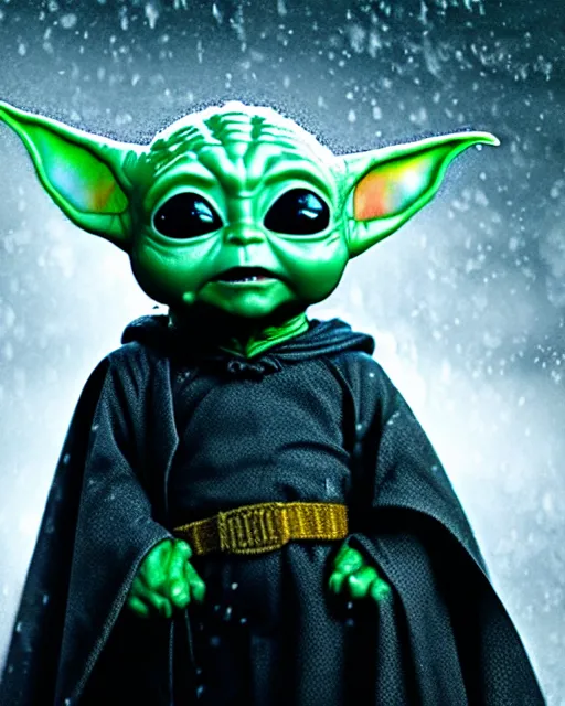 Image similar to epic closeup cinematic still of baby yoda as batman wearing batman costume with batcape as batman in atmospheric rainy alleyway in the style of batman the dark knight rises, 8 k backlit, rim lighting, dramatic moonlight lighting, beautiful composition