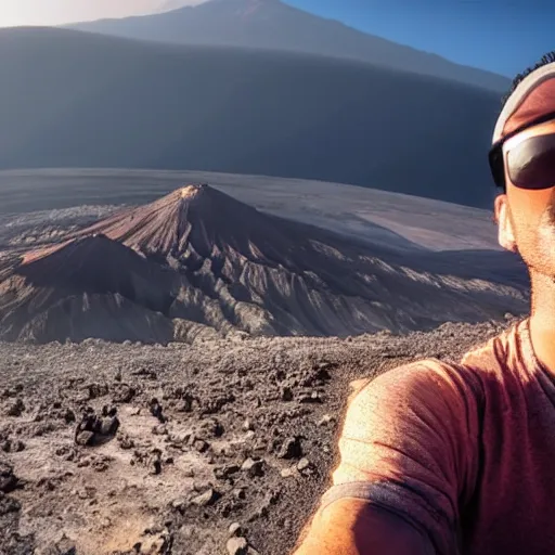 Prompt: the last selfie taken by an alien! in an apocalypse volcano in the background hd cinematic epic 8 k