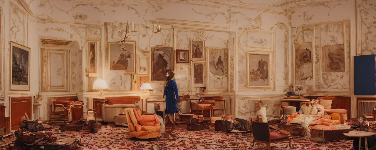 Image similar to wes anderson style interior, vermeer lighting, imax 4 0 mm anamorphic lens, kodak vision 3 2 0 0 t 5 2 1 3