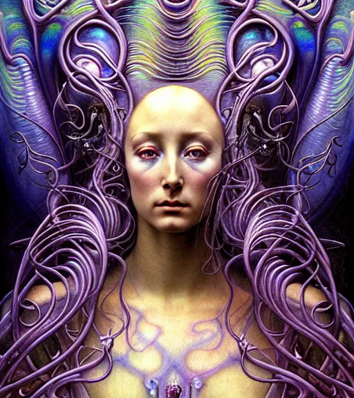 Image similar to detailed realistic iridescent beautiful young cher cyber alien fractal queen of mars portrait by jean delville, gustave dore and marco mazzoni, art nouveau, symbolist, visionary, baroque. horizontal symmetry by zdzisław beksinski, iris van herpen, raymond swanland and alphonse mucha. highly detailed, hyper - real, beautiful