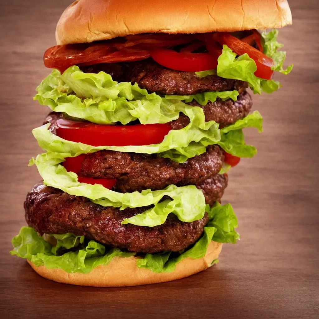 Image similar to close up view of a hamburger on top of a wooden table, 8k, photorealistic, proper shading