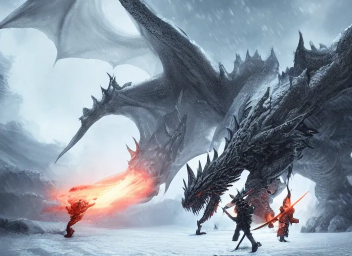 Prompt: A group of heroes fighting a massive white terrifying dragon in a dark snowy landscape at night, 8k fantasy concept art, intricate detail, highly detailed, octane rendering, trending on artstation