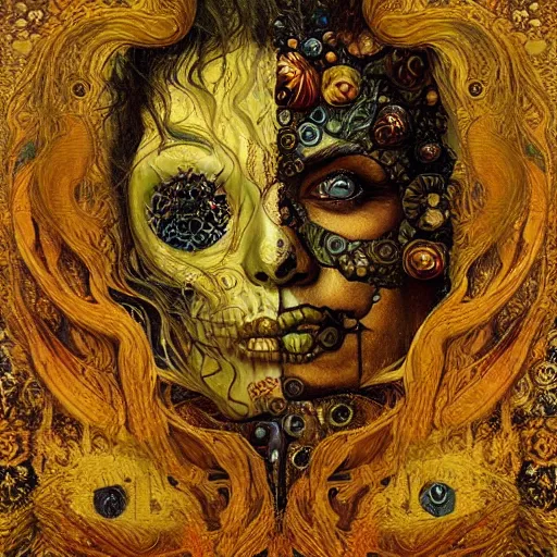 Prompt: Memento Mori by Karol Bak, Jean Deville, Gustav Klimt, and Vincent Van Gogh, beautiful visionary mystical portrait, calavera, otherworldly, fractal structures, ornate gilded medieval icon, third eye, spirals, botanical calavera by William Morris