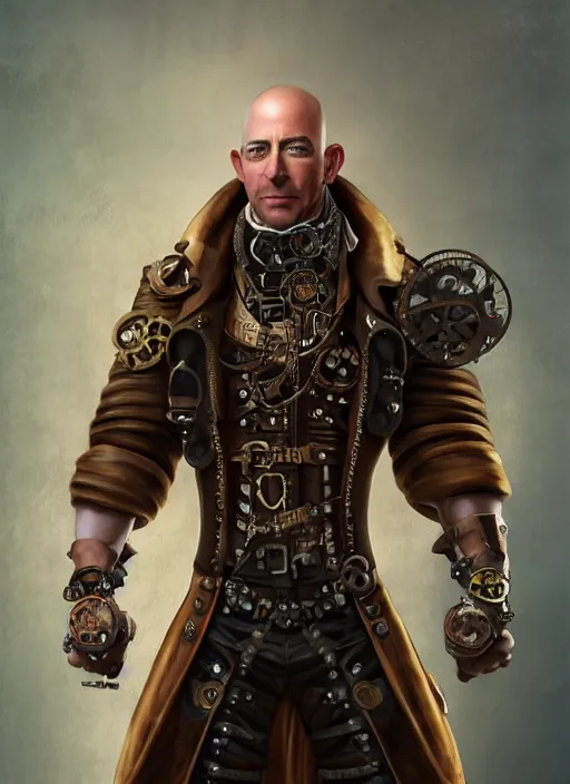 Image similar to steampunk jeff bezos is a muscular bodybuilder, au naturel, hyper detailed, digital art, trending in artstation, cinematic lighting, studio quality, smooth render, unreal engine 5 rendered, octane rendered, art style by klimt and nixeu and ian sprigger and wlop and krenz cushart.