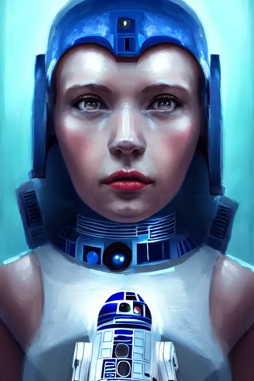 Image similar to a portrait of a random woman as r 2 d 2 droid, humanization, humanized, grim - lighting, high - contrast, intricate, elegant, highly detailed, digital painting, artstation, concept art, smooth, sharp focus, illustration