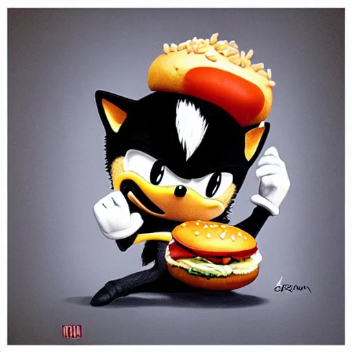 Image similar to fast sonic the hedgehog eating a hamburger, drawn by artgerm