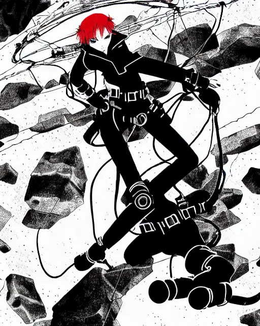 Image similar to black widow red hair flies with a parachute from everest and fires pistols at robots with techno details, by tsutomu nihei, black and white, wires clouds and destroed rocks background