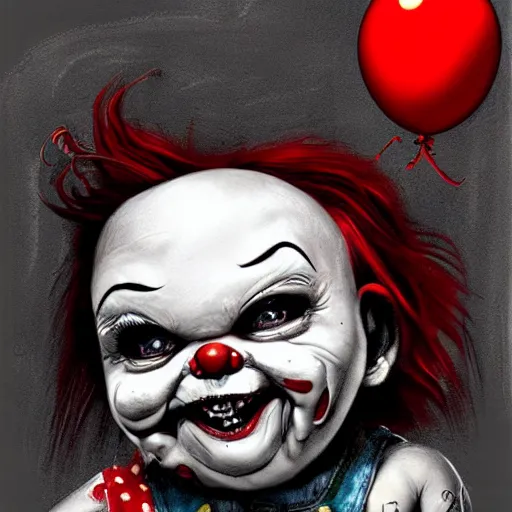 Image similar to surrealism grunge cartoon portrait sketch of chucky with a wide smile and a red balloon by - michael karcz, loony toons style, pennywise style, horror theme, detailed, elegant, intricate