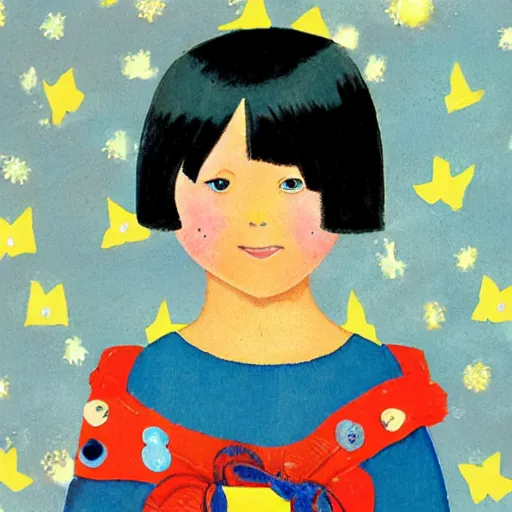 Image similar to children's book illustration of little girl black hair cut in a bob with bangs wearing a blue dress with jingle bells sewn all over at a halloween costume parade in the style of henry darger