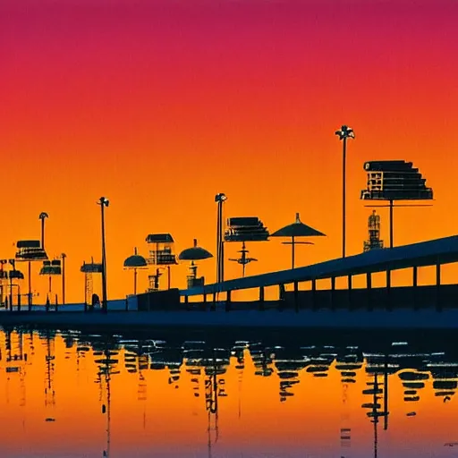 Prompt: Seaside city at sunset by Hiroshi Nagai