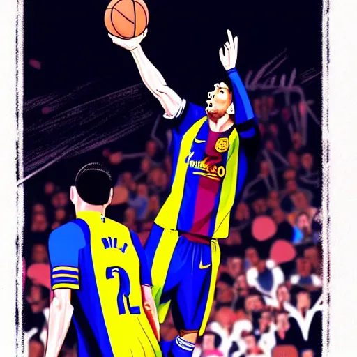 Image similar to Messi dunking on Ronaldo in the NBA, illustration,