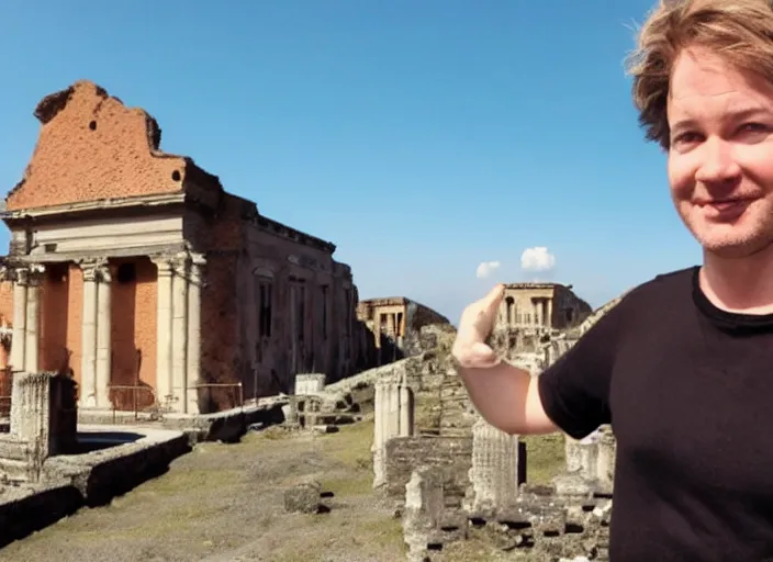 Prompt: a screencap of Tom Scott standing in Pompeii during the eruption