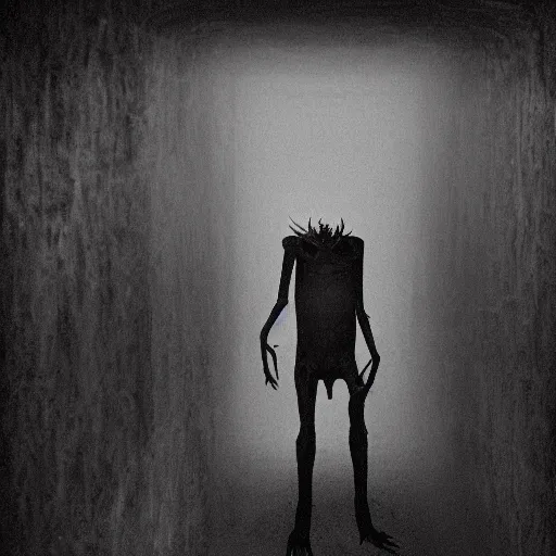 Prompt: a flash photo of creepy wendigo with an unnatural posture standing in a vantablack russian basement from the horror movie rec, shaky camera, it is deformed and is staring at the camera from the end of a dark liminal hallway. caught on vhs, film grain, national geographic award winning photography,