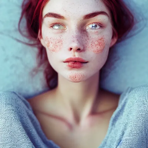 Image similar to portrait of a cute thin young woman, red blush, cute freckles, small smile, modern clothes, relaxing on the beach, cozy living room, close up shot, 8 k, art by irakli nadar, hyperrealism, hyperdetailed, ultra realistic