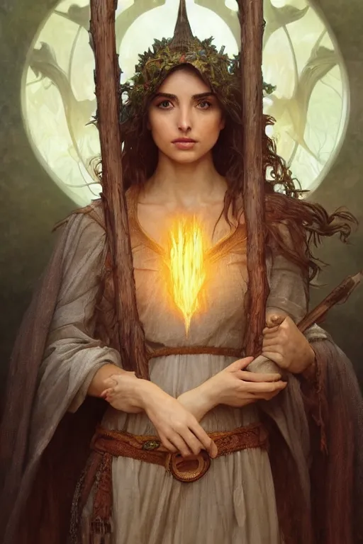 Image similar to Ana de Armas, druid, cleric, flame spell, D&D, fantasy, intricate, cinematic lighting, highly detailed, beautiful, digital painting, artstation, masterpiece, concept art, smooth, sharp focus, illustration, art by Artgerm and Greg Rutkowski and Alphonse Mucha and william-Adolphe Bouguereau