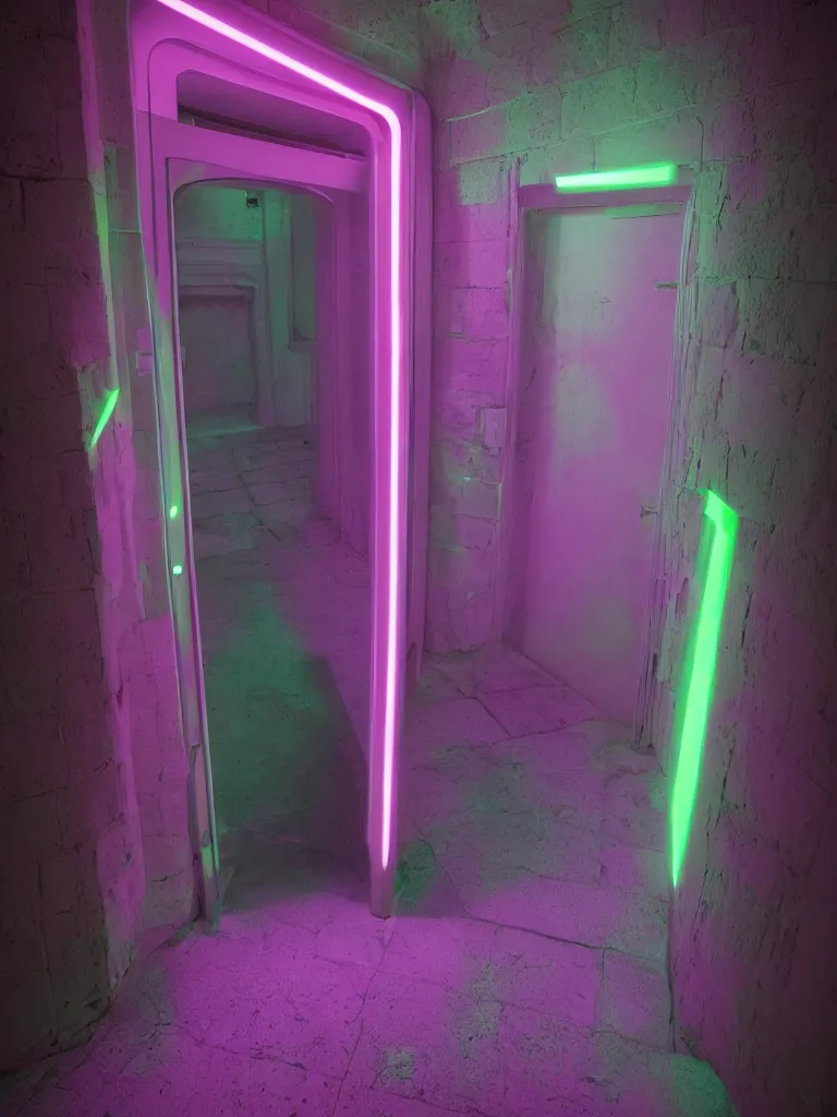Image similar to a door at the end of a long dark staircase and corridor, futuristic, neon,