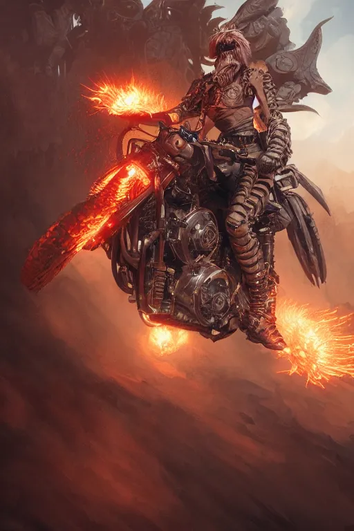 Image similar to hell mutant motorbiker, highly detailed, d & d, fantasy, highly detailed, digital painting, trending on artstation, concept art, sharp focus, illustration, global illumination, ray tracing, realistic shaded, art by artgerm and greg rutkowski and fuji choko and viktoria gavrilenko and hoang lap, sunny