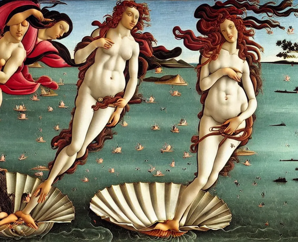 Image similar to Botticelli The birth of Venus as a pretty African woman rising from the sea on a shell, accurate face