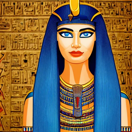 Image similar to cleopatra in ancient egypt in front of a pyramid, perfect, hyperrealistic and ultra detailed face , wild blue eyes and brown, short and straight hair