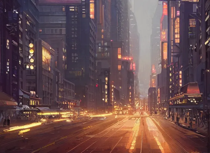 Prompt: Main street in an epic art deco city at night, anime, streamline moderne, dieselpunk, shiny brass, cinematic, skyscrapers in the distance, a sci-fi digital painting by Greg Rutkowski and James Gurney, trending on Artstation, highly detailed