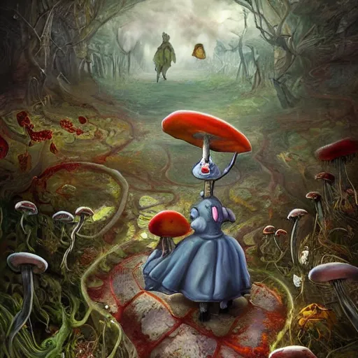 Image similar to Hell and heaven, captured in bottles, an elderly mushroom walking their pet snail, The Autumn Plague Gardener, the theme of Alice in Wonderland, digital painting, its softness partakes of fluidity, illustration, deep dark, artstation, intricate, biodiversity in a world of change and constancy, ue5, by deiv calviz and bossmonsterbani