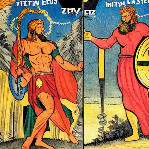 Image similar to a comic book painting of zeus the conquerer