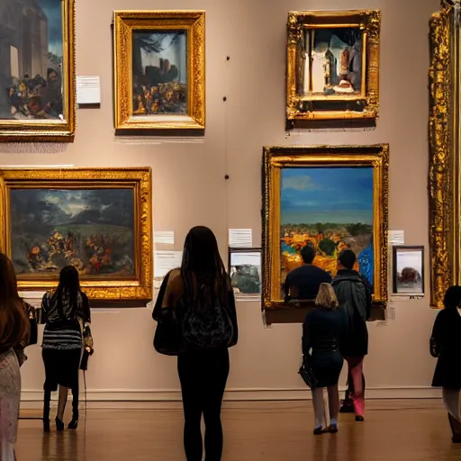 Prompt: museum - goers in a fancy art museum gallery, looking at a collection of horrifying paintings, wide shot, realistic, detailed