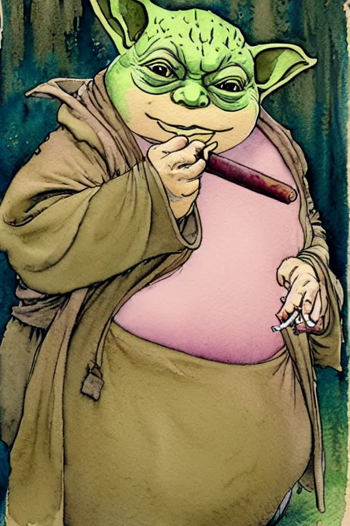 Image similar to a realistic and atmospheric watercolour fantasy character concept art portrait of a fat yoda with pink eyes giggling and holding a blunt with a pot leaf nearby, by rebecca guay, michael kaluta, charles vess and jean moebius giraud