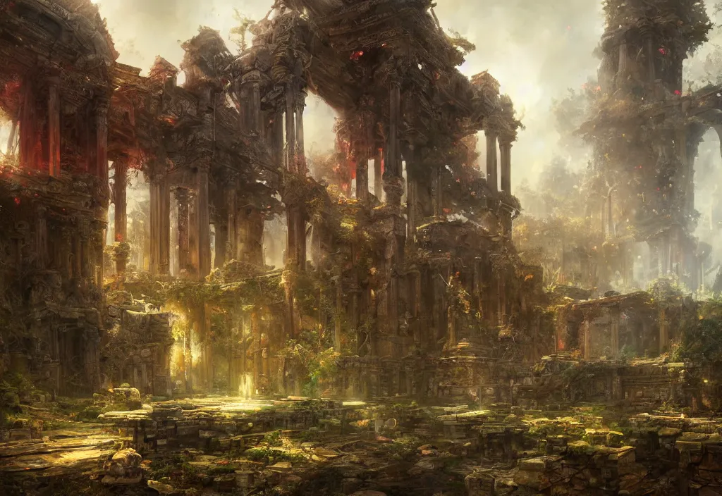 breathtaking detailed painting of an overgrown temple | Stable Diffusion