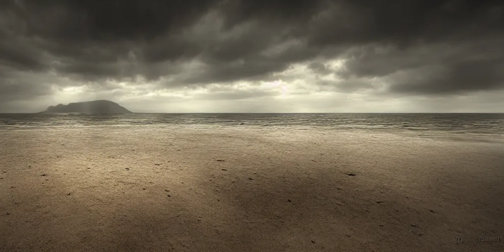 Image similar to Beautiful beach, by Dante Alighieri, by Zdzisław Beksiński, wide angle, dramatic light, ultra realistic, HDR, extremely moody lighting, 8K