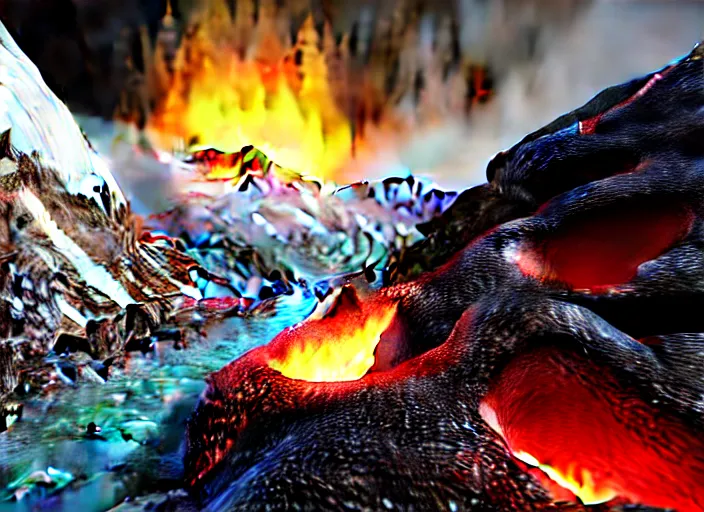 Image similar to hyperrealism, detailed textures, photorealistic 3 d render, a lava flow coming down mount everest, one million lave rivers, sharp focus, ultra realistic, ultra high pixel detail, cinematic, intricate, cinematic light, concept art, illustration, art station, unreal engine 8 k