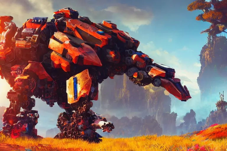 Image similar to behemoth machine mecha animal beast robot made of mango, strawberry, kiwi fruits of horizon forbidden west horizon zero dawn bioluminiscence global illumination ray tracing hdr fanart arstation by sung choi and eric pfeiffer and gabriel garza and casper konefal