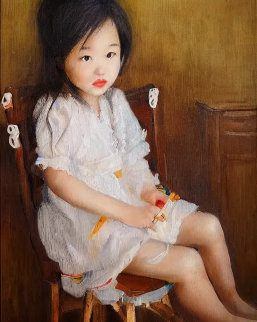 Image similar to the girl is sitting on a very high chair near the ceiling, wonderful eyes, her loose hair, delicate, intricate details, a real masterpiece, oil on canvas, author li zhang