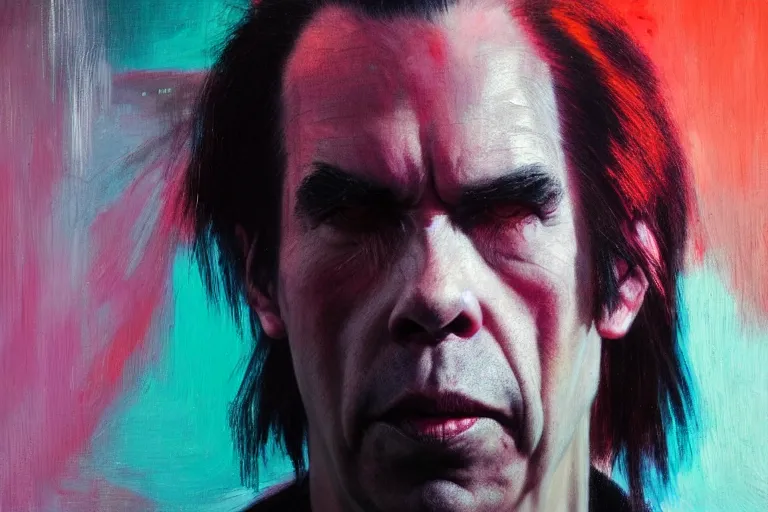 Image similar to a portrait of nick cave, masterpiece, neon highlights, dramatic lighting, painting by caravaggio and ruan jia and jakub rebelka