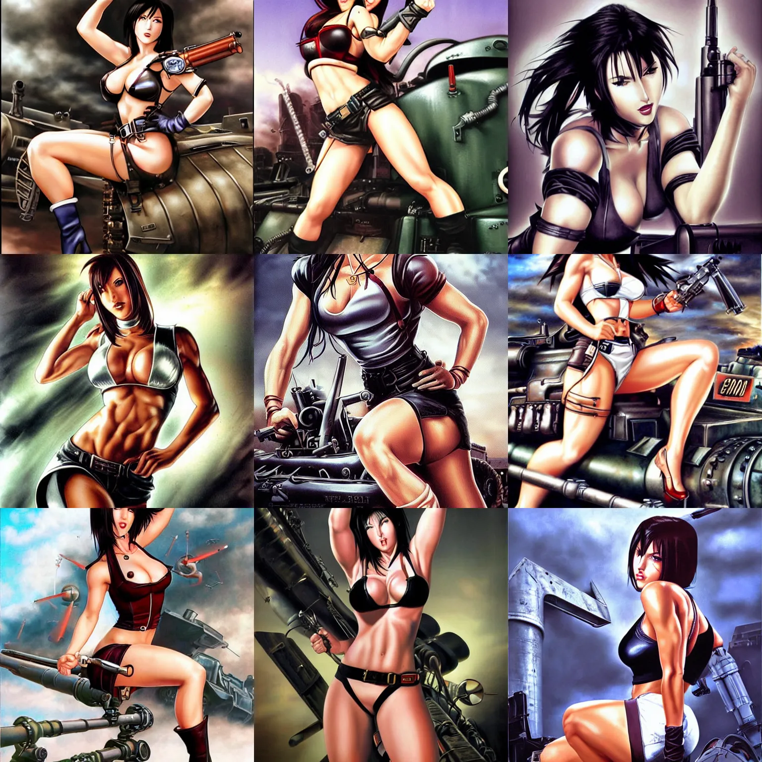 Prompt: tifa lockheart pin - up, posing on a world war 2 tank, fierce and determined expression, airbrush, hajime sorayama