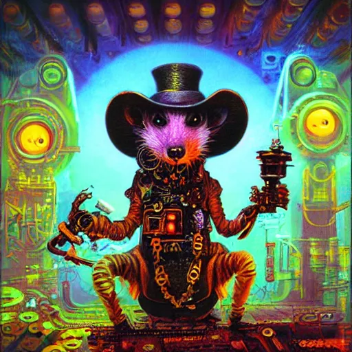 Image similar to steampunk rat, acid, 303, psychedelic, by paul lehr, cd cover for techno artist