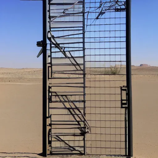 Image similar to a giant closed metal gate inside a secret laboratory in the desert