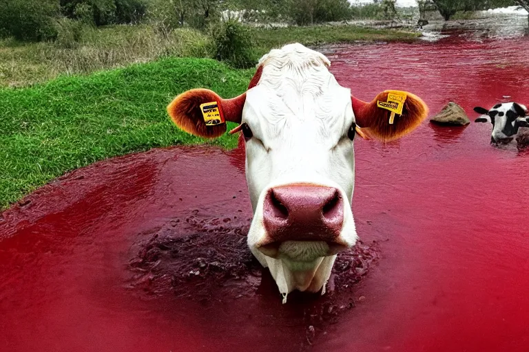 Prompt: a cow standing in a pool of blood, staring at you ominously