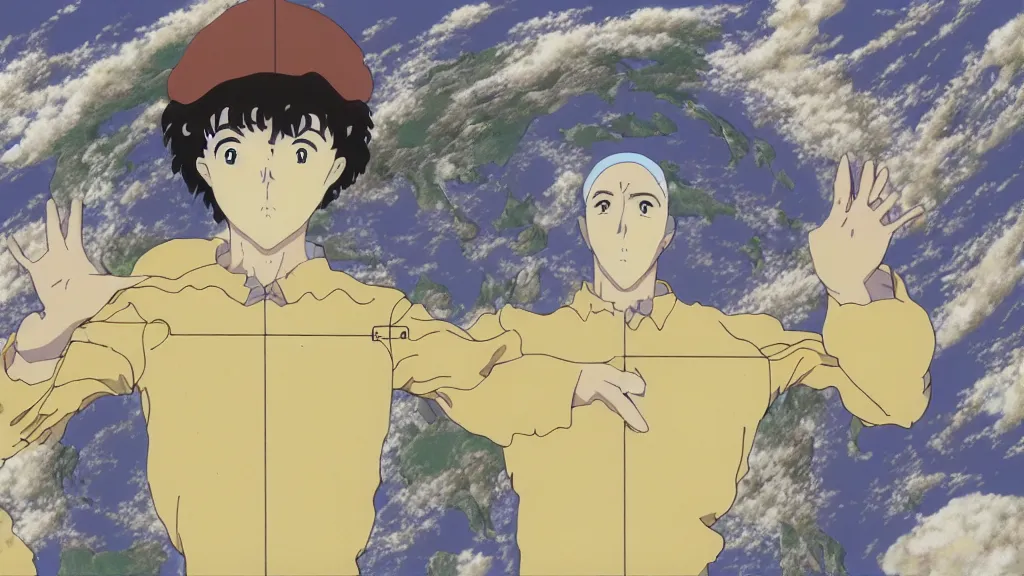 Prompt: scientific diagram of the earth as a human face, anime film still from the an anime directed by katsuhiro otomo with art direction by salvador dali, wide lens