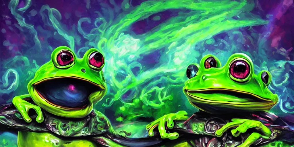 Prompt: [ style ] [ oil painting ] [ palate ] [ vibrant gothic colors ] 👾 👽 anthropomorphic frog 🐸 dressed as a ninja, vibrant neon nebulous clouds, radiant light rays, photorealistic painting, intricate and fine details, volumetric lighting, artstation, symmetrical details,