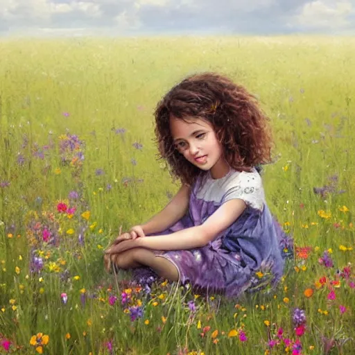 Image similar to a cute little girl with short curly brown hair sitting in a field of wildflowers, painting by artgerm and greg rutkowski and magali villanueve