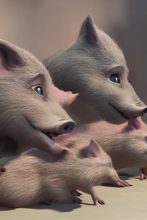 Image similar to three little pigs tickling the wolf who is begging for mercy. cinematic lighting, unreal engine, 8 k, hd extremely detailed. 4 k. award winning. ultra realistic photo.